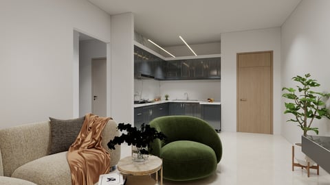 Modern studio apartment interior with beige sofa, green velvet chair, kitchenette, wooden doors, and minimalist decor