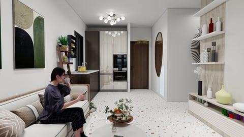 סלון מודרני עם ספה ומטבח פתוח