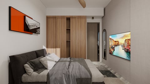 Modern bedroom with black bed, gray bedding, wooden wardrobe, wall art, and neutral decor