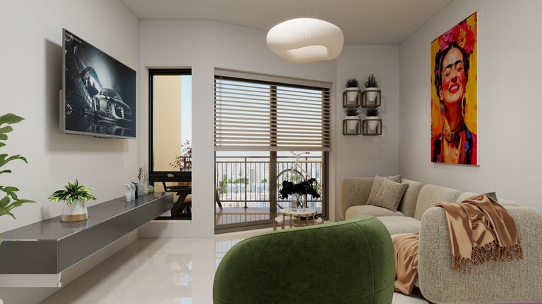 Modern apartment living room with green armchair, beige sofa, floor-to-ceiling windows, wall art, and minimalist furnishings