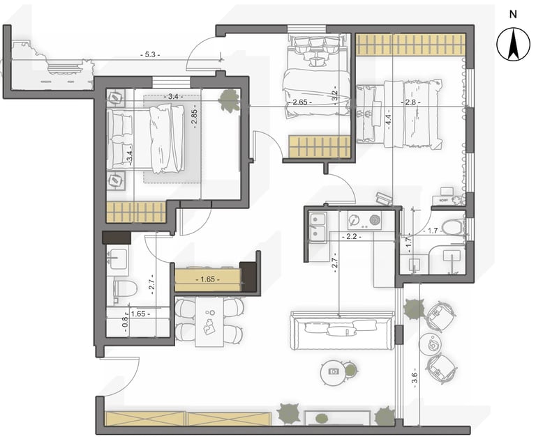 Architectural floor plan showing a multi-room apartment layout with north compass, room dimensions, and furniture placement.