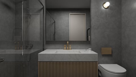 Modern bathroom with gray tile walls, white rectangular sink with wooden vanity, large mirror, glass shower enclosure, and toilet