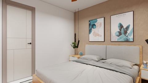 חדר שינה מודרני עם מיטת עץ וראש מיטה אפור