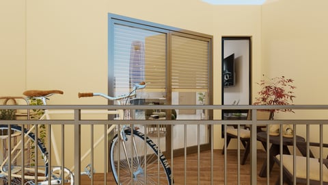 Balcony with bicycle, railing, potted plants, and city view through blinds