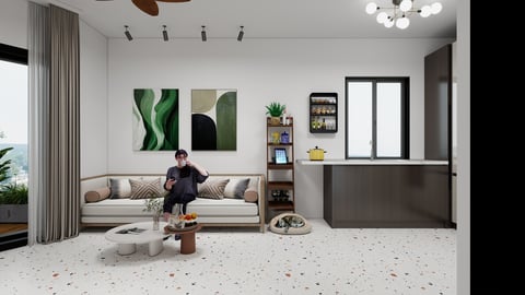 סלון מודרני עם ספה בגוון בז' ואומנות