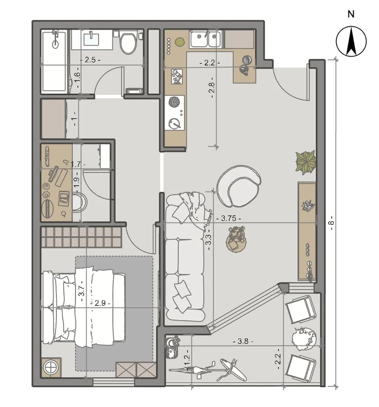 Floor plan layout of a residential apartment with bedroom, bathroom, kitchen, living room, and entrance hall