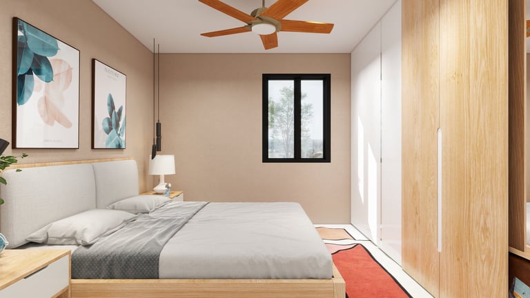 חדר שינה מודרני עם מיטת עץ ומצעים לבנים