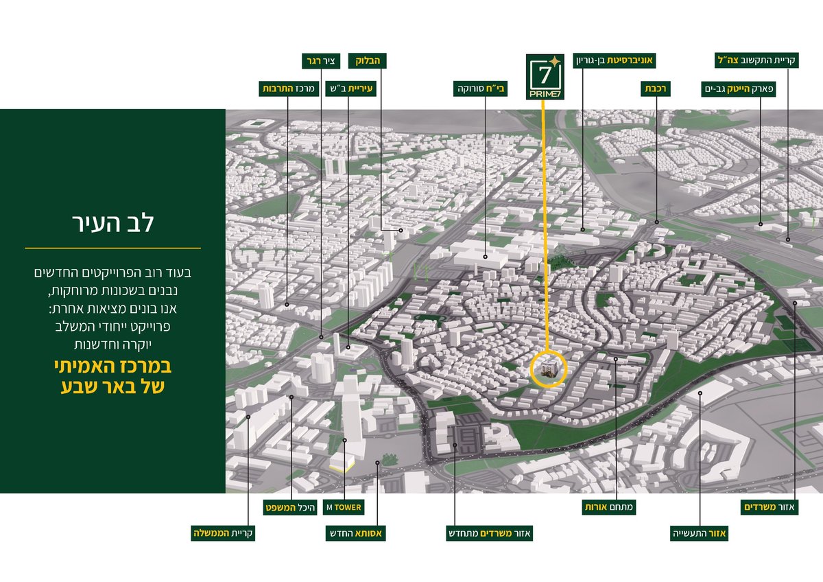 מפה אווירית של פרויקט Prime 7 באר שבע עם אזורים מסומנים