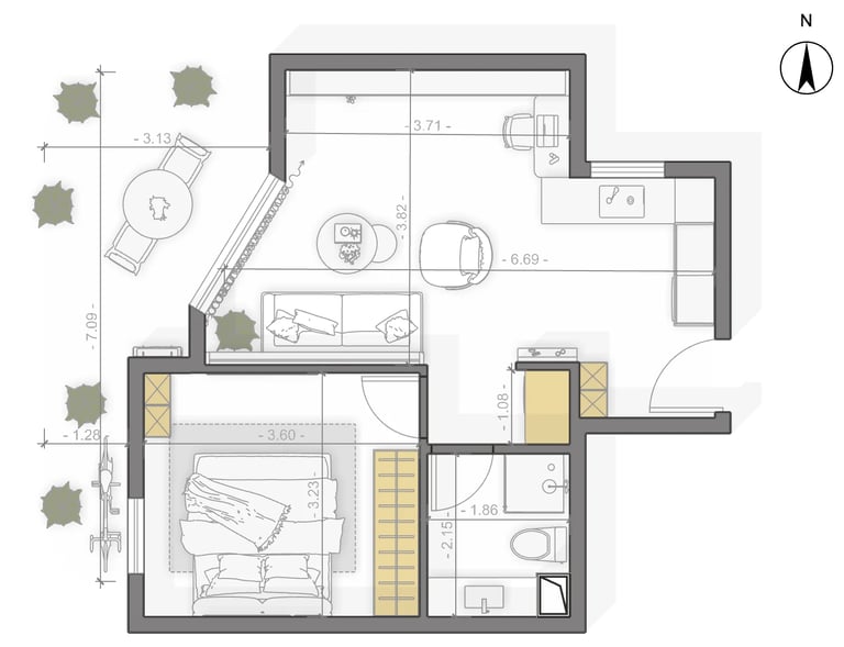 Architectural floor plan showing a residential layout with multiple rooms, furniture placement, dimensions, and green landscaping elements.