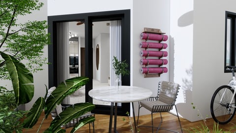 מרפסת מודרנית עם שולחן לבן וכיסאות