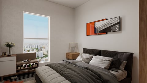 Modern bedroom with black leather bed, large window overlooking city skyline, wooden nightstand, and abstract artwork on wall