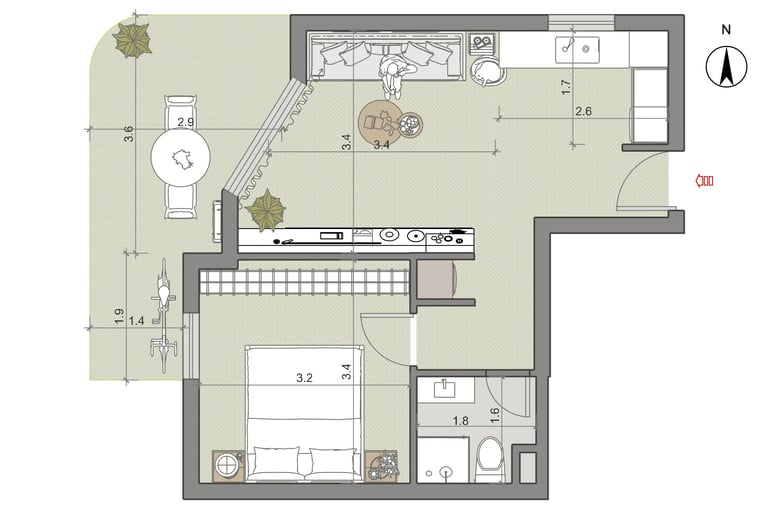 תוכנית דירת 45 מ״ר - חלל פתוח עם מטבח, סלון ופינת שינה
