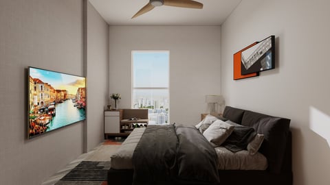 Modern bedroom with black bed, mounted artwork on walls, ceiling fan, window with city view, and neutral beige walls